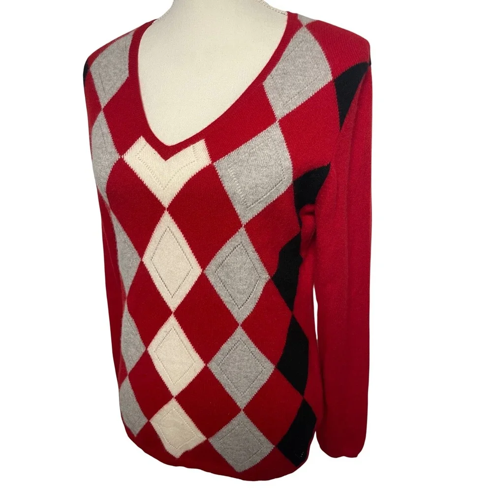 Charter Club Cashmere Red V Neck Argyle Sweater Women's Medium - Picture 1 of 9